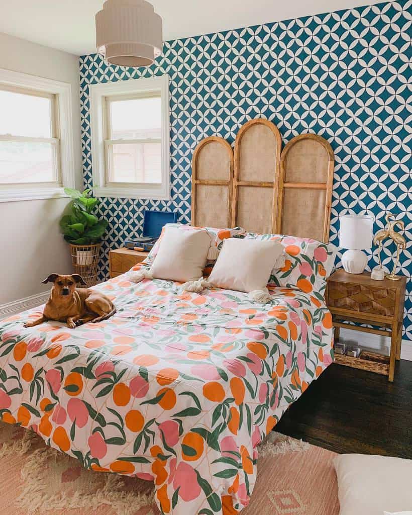 patterns bedroom wallpaper colorful bedspread dog