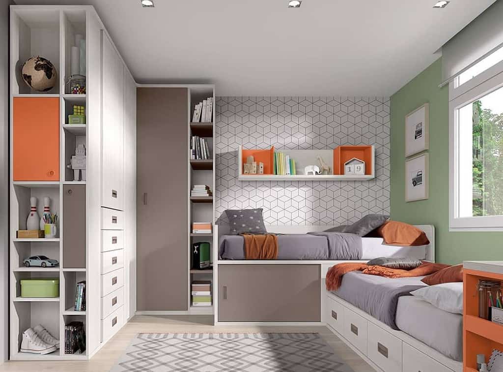 geometric pattern bedroom wallpaper large wardrobe small bed