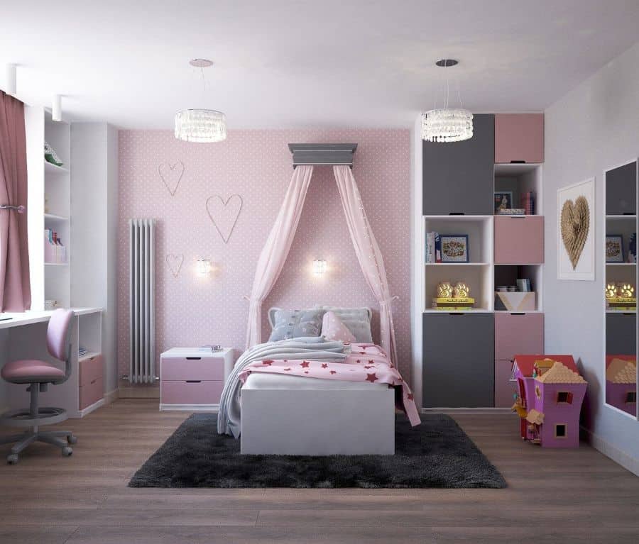 pink and gray girls bedroom canopy bed wall mirror playhouse 