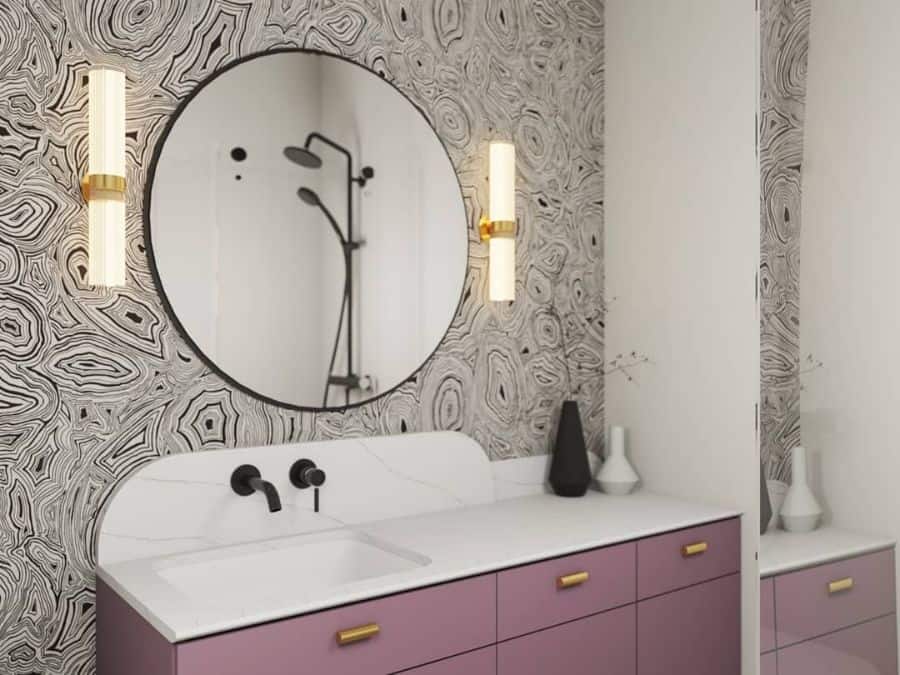 pattern wallpaper pink vanity circular wall mirror 
