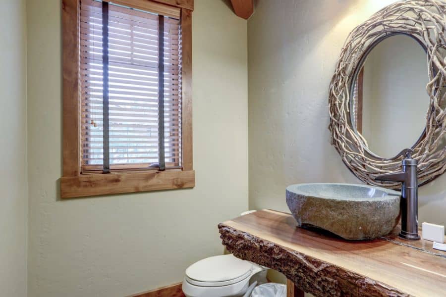 rustic small powder room with wood vinyl