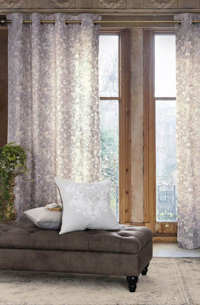 floral print curtains living room gray ottoman 