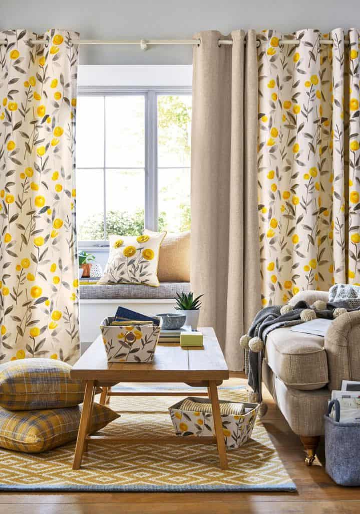 yellow flower print living room curtains
