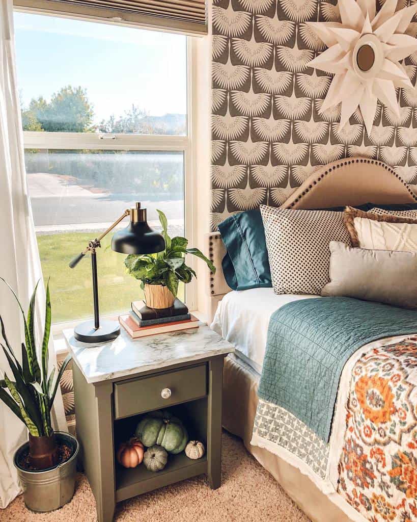 printed bedroom wallpaper gray bedstand potted plants