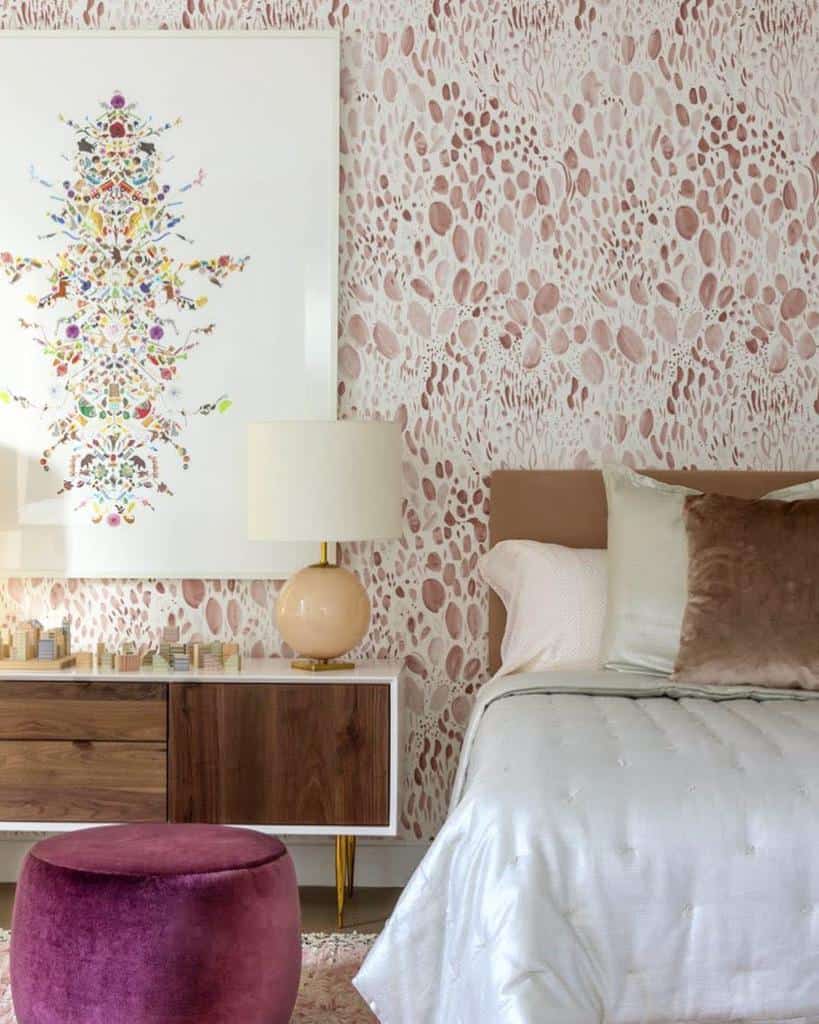 print bedroom wallpaper colorful wall art vintage cabinet 