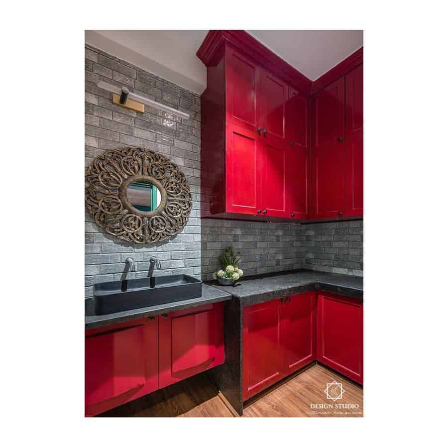 red corner cabinets gray brick splashback kitchen 