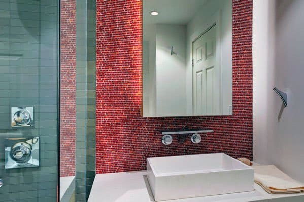 red tile backsplash bathroom