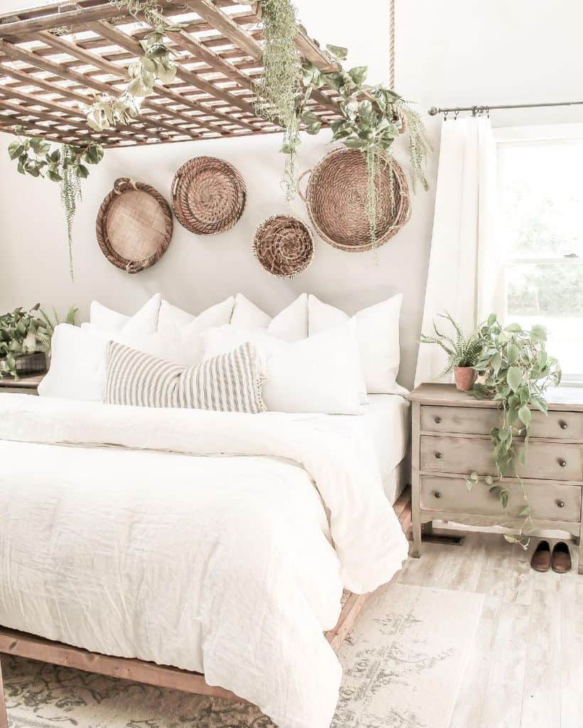 rustic and natural boho bedroom hanging wood lattice work above bed