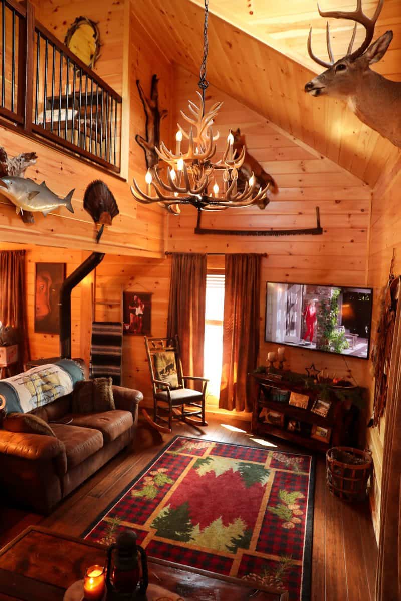 rustic wood cabin living room antler chandelier