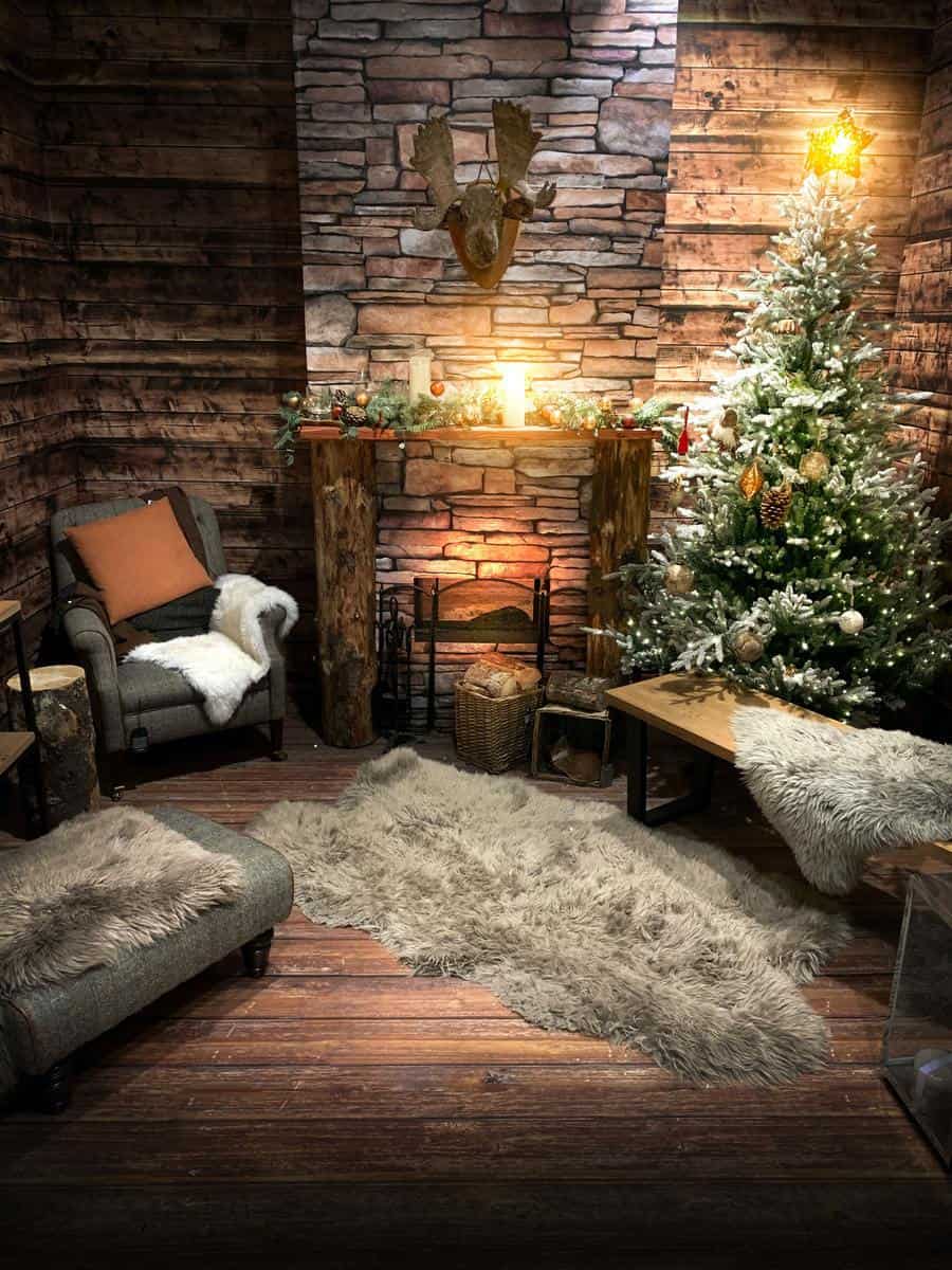 wood cabin stone fireplace christmas tree gray floor rug