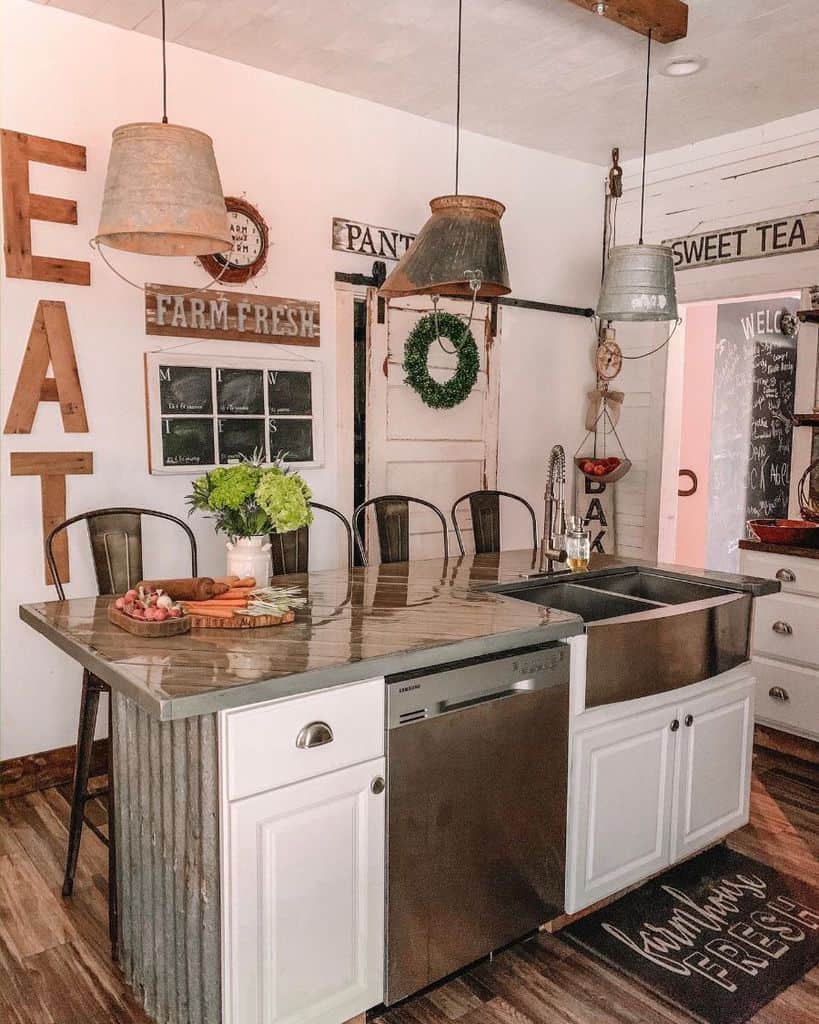rustic kitchen glass topped counter white cabinets tin light shades 