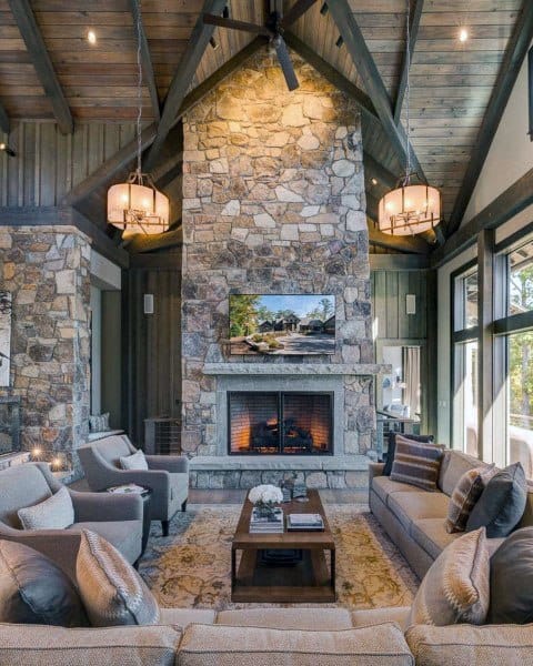 rustic living room stone fireplace sectional sofa 