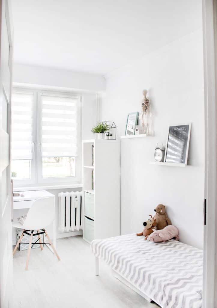 minimalist white bedroom desk shelves and bed
