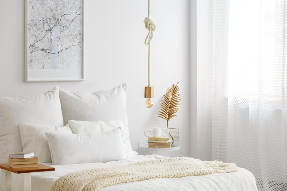 minimalist white small master bedroom pendant light