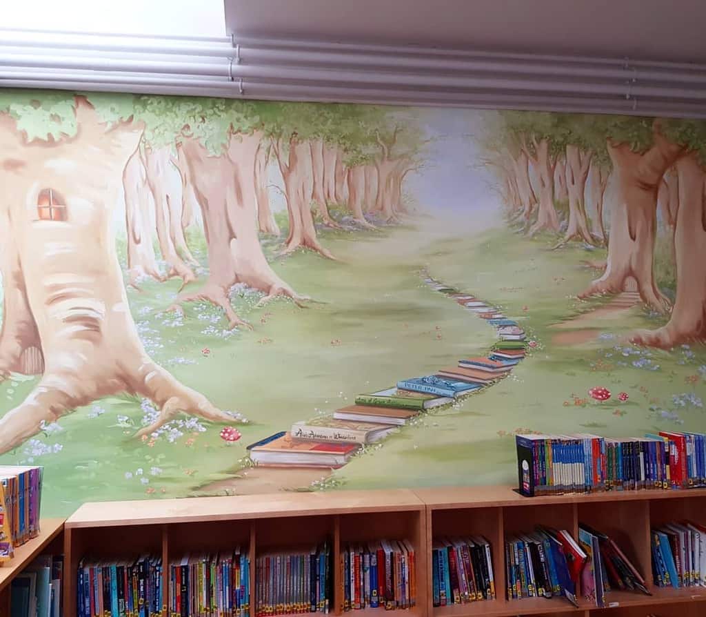 forest with book pathway mural school library 