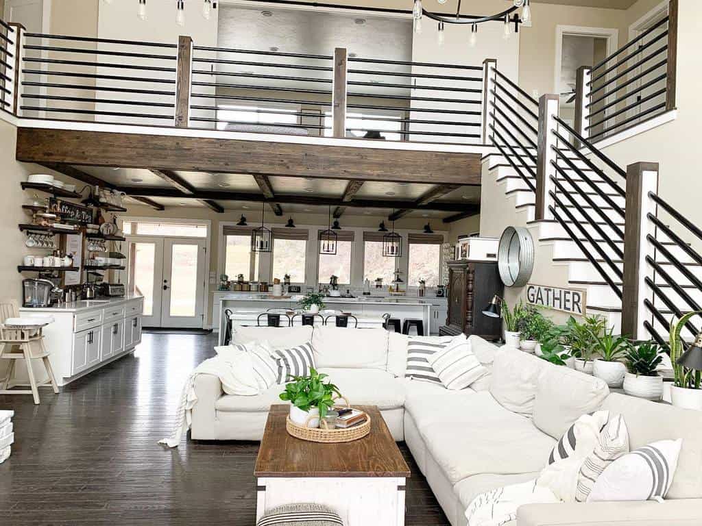 large farmhouse open kitchen living room l-shaped couch 