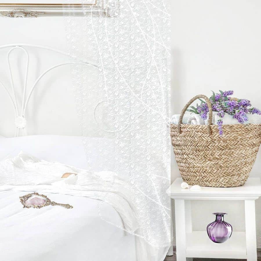 shabby chic vintage bedroom weaved basked with lavender 