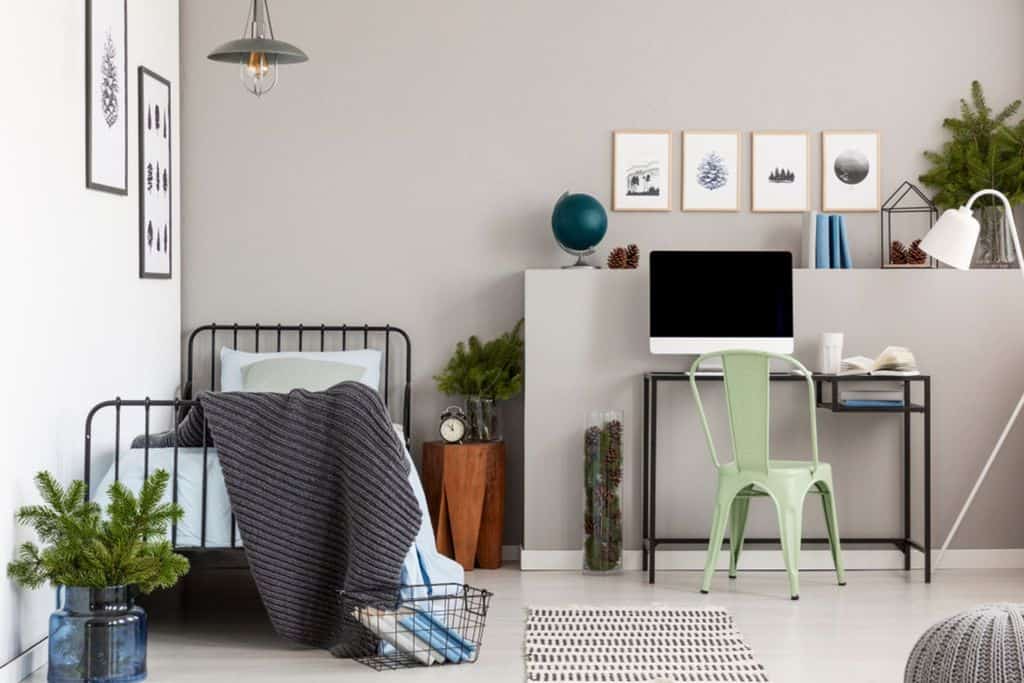 modern bedroom single bed metal desk green chair 