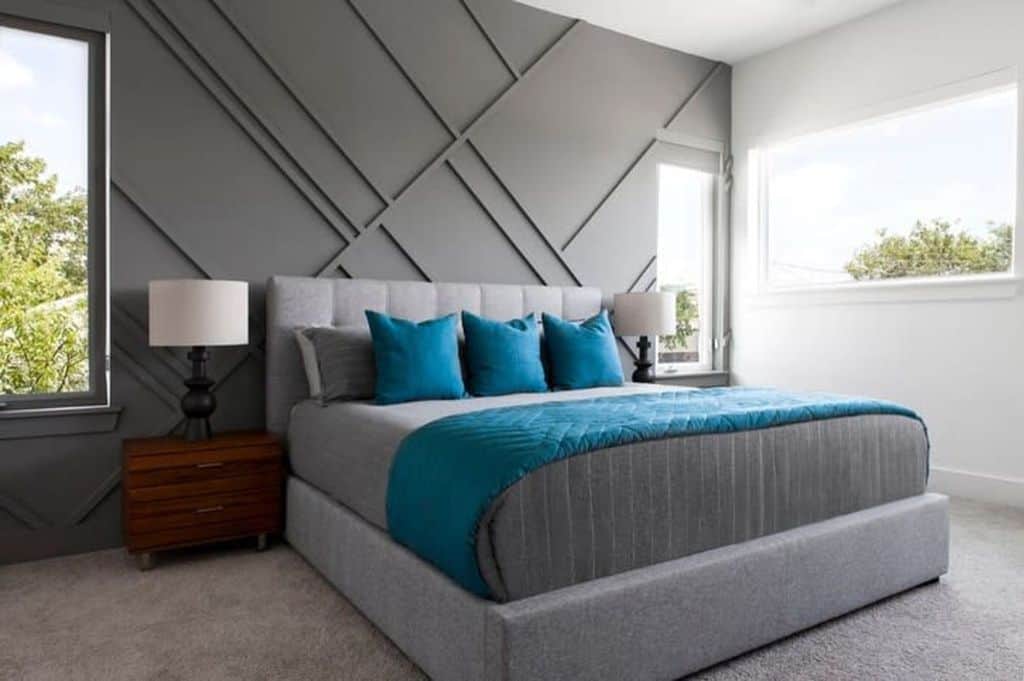 modern bedroom gray bed wood bedside table 