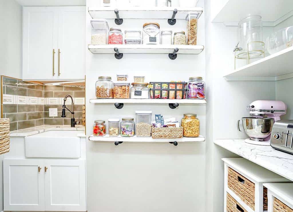kitchen pantry with mounted wall shelves 
