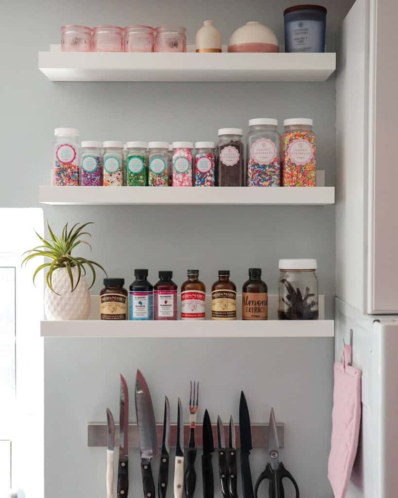 wall shelves used as small pantry