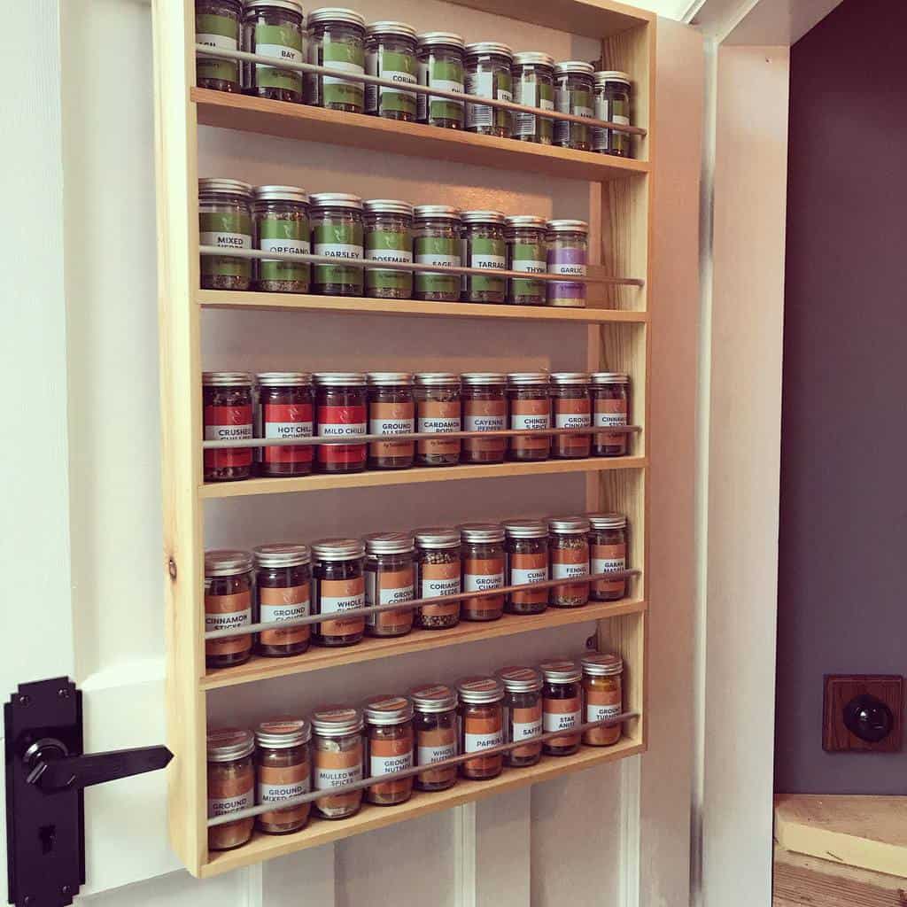 color coded spice rack on pantry door