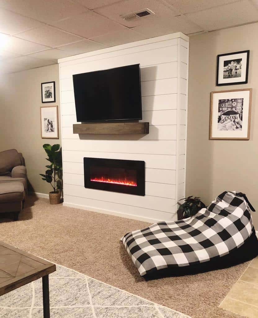 shiplap wall electric fireplace wall mounted tv