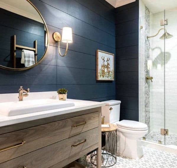rustic bathroom blue shiplap wall wood vanity 