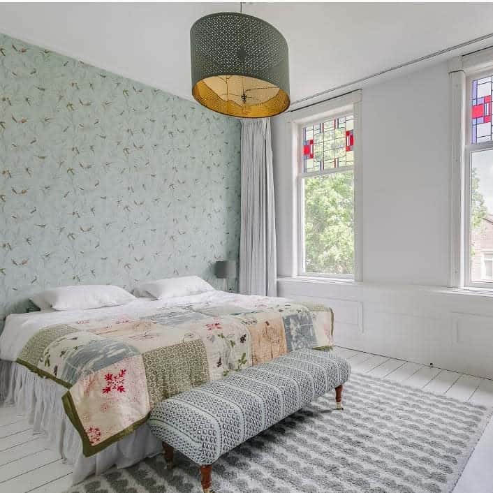 green bird wallpaper country homestyle bedroom ottoman
