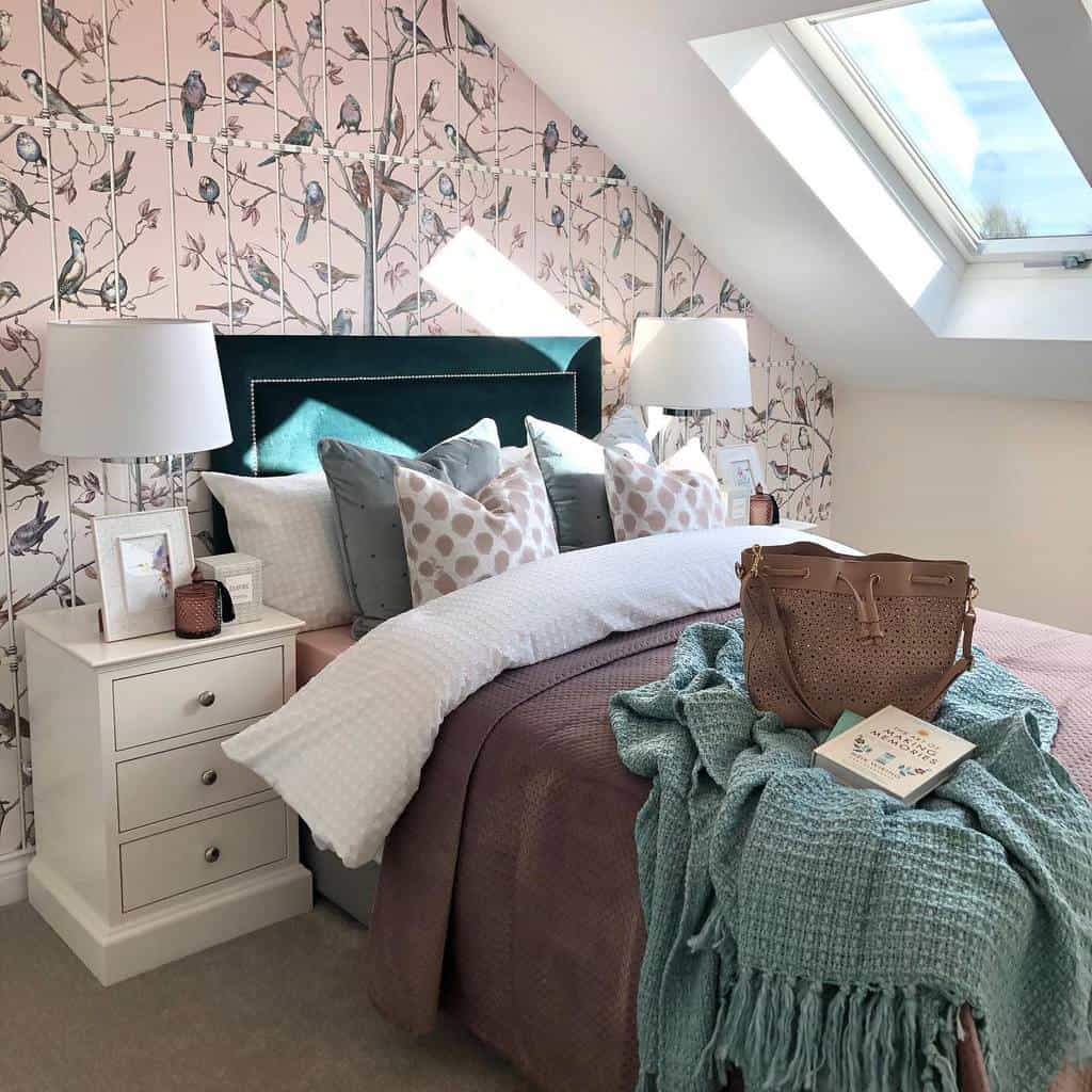 pink bird wallpaper attic bedroom window white lamps