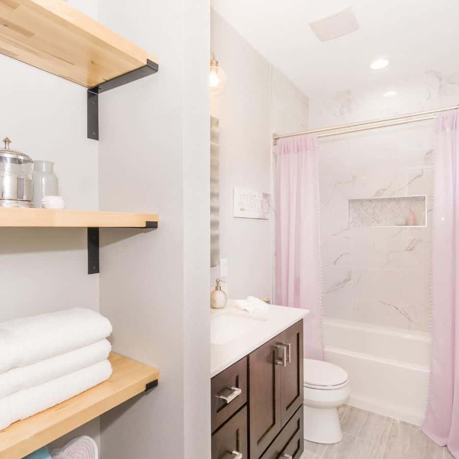 modern bathroom pink shower curtains brown vanity 
