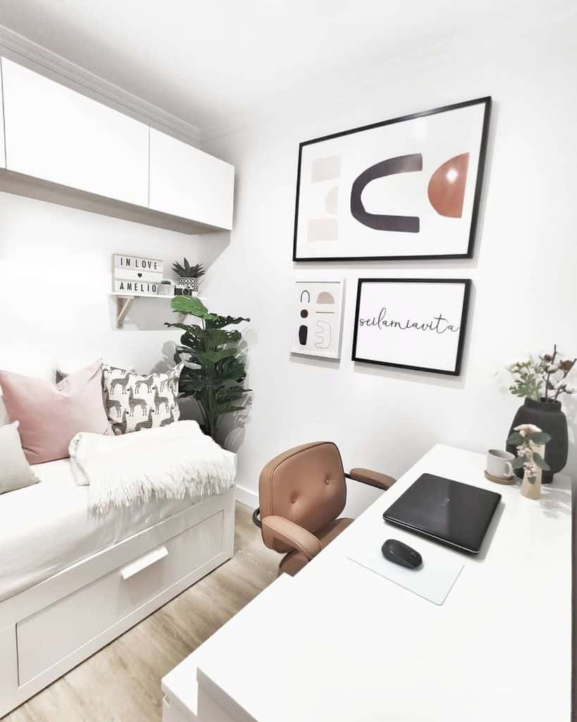 small office white desk wall storage 