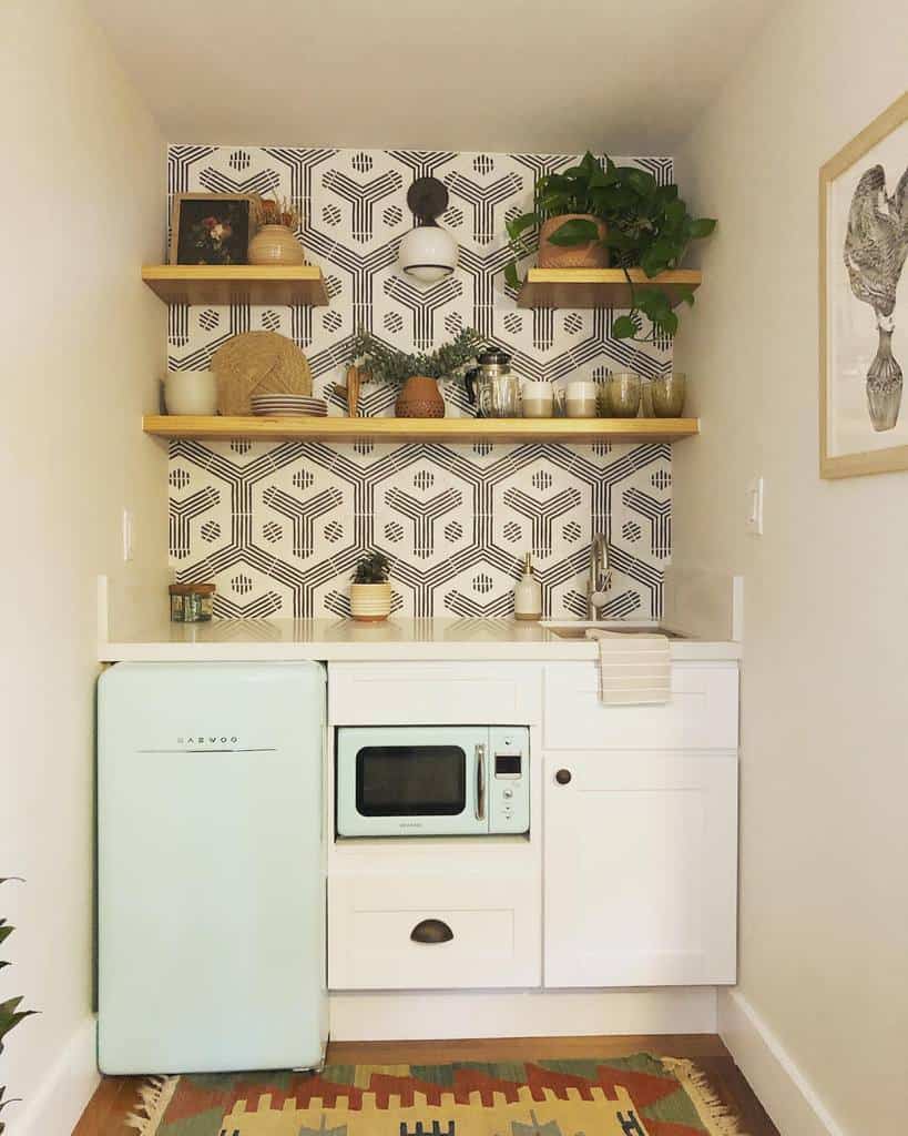 small butler's pantry pattern tile wall microwave 