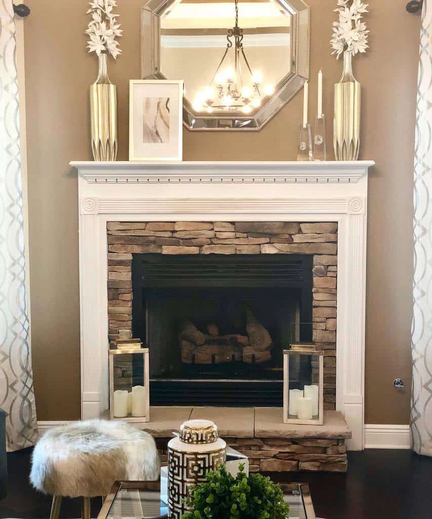 country style stone fireplace white mantle candles 