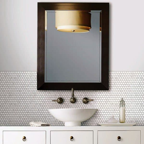 narrow mirror white tile backsplash