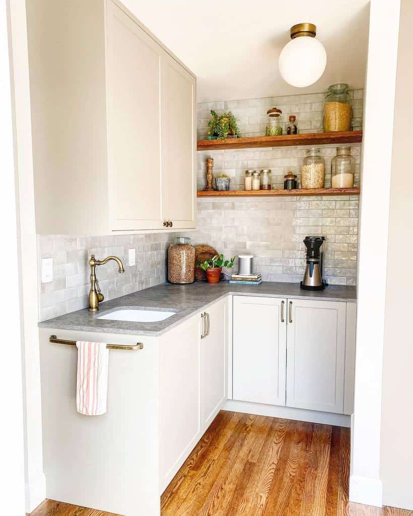 small space butler's pantry tile splashback wood shelves 