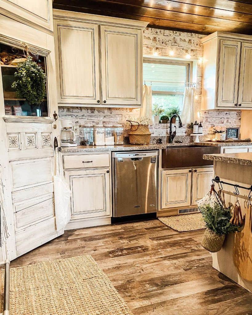 rustic country kitchen white cabinets apron sink hardwood floor 