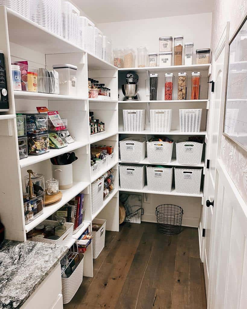 well organized walk-in kitchen cabinet pantry 