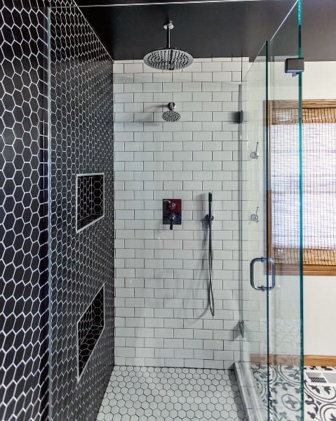 black and white tile small shower