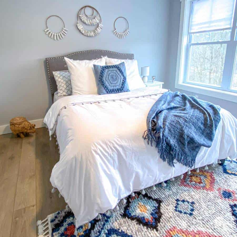 boho minimalist bedroom colorful floor rug