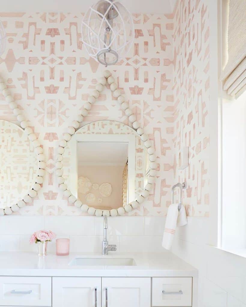 simple light and airy bathroom white vanity pink design wallpaper 