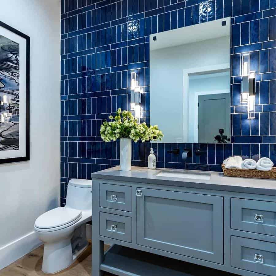 blue tile feature wall in small master bathroom ideas