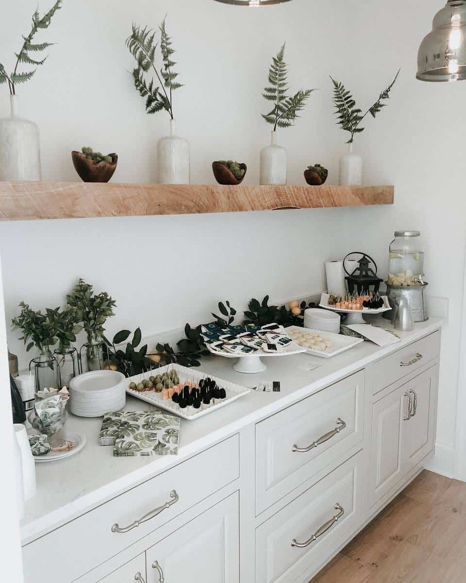 white kitchen bench food wood wall shelves 
