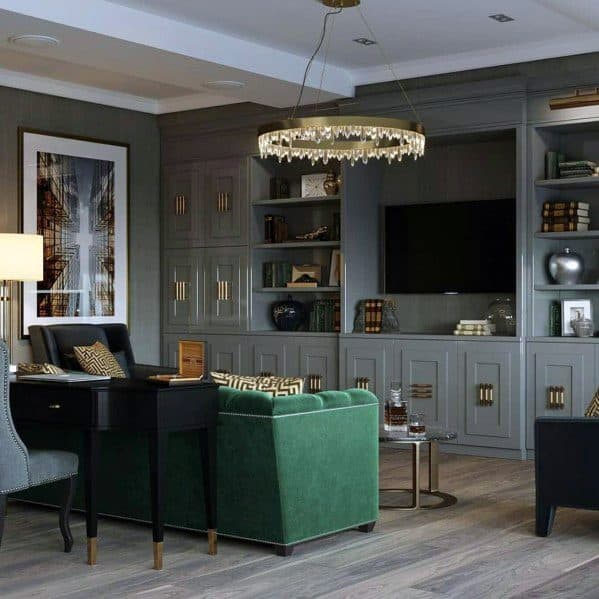 Traditional Home Grey Painted Bookcases And Cabinets Interior Television Wall Designs