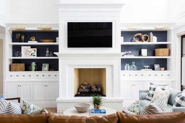 Tv Wall Traditional Home Living Room Ideas Painted White Bookcases And Fireplace