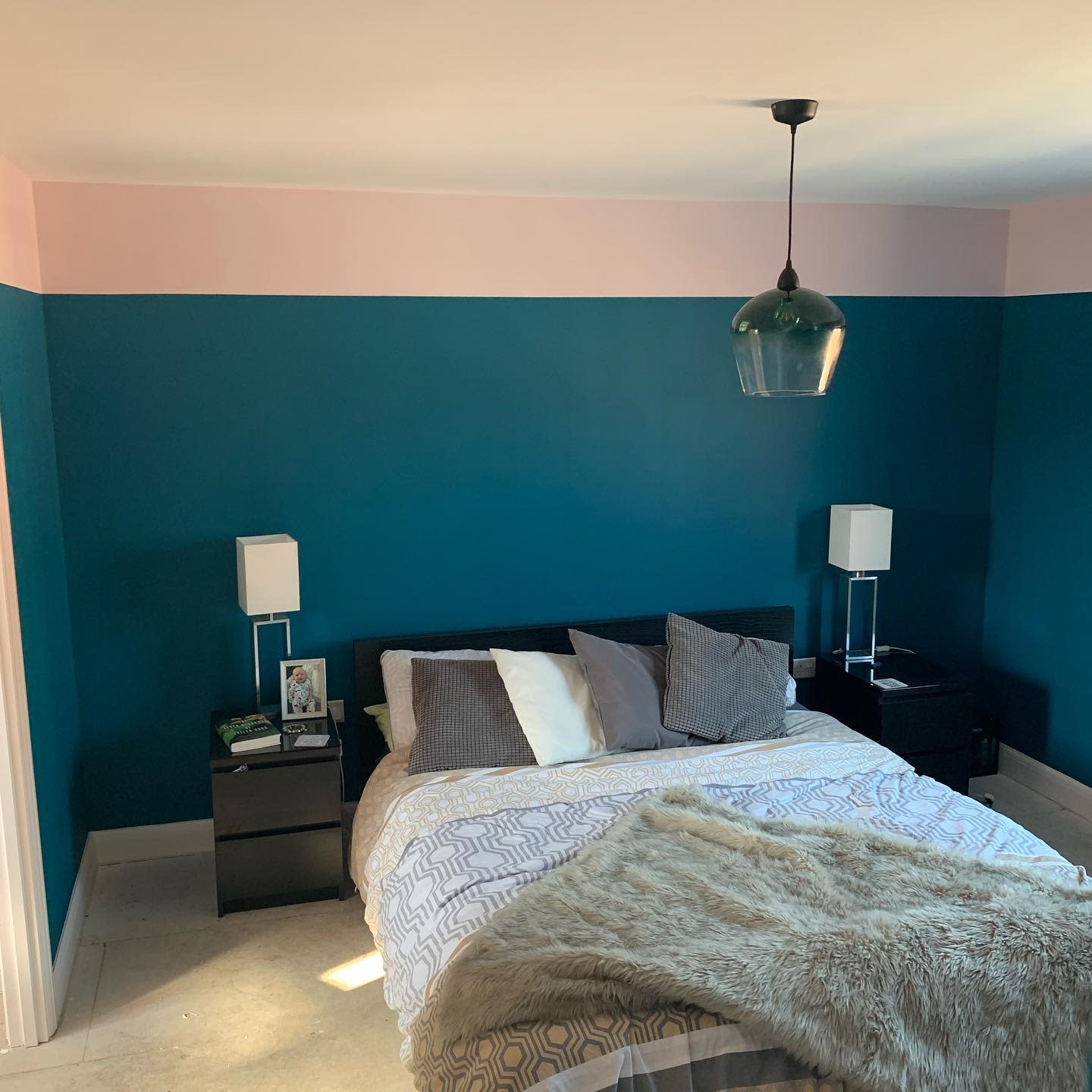 blue and white two tone bedroom wall 
