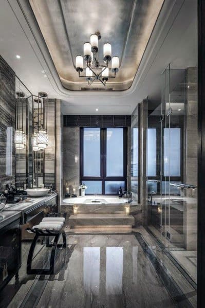 sleek modern marble master bathroom