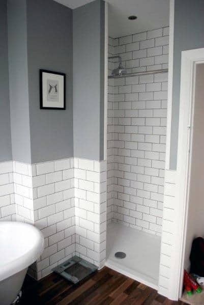 small white tile doorless shower 