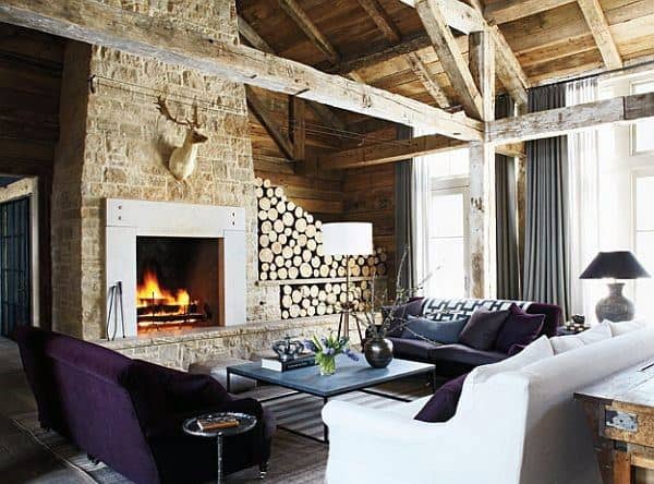 contemporary living room stone fireplace moose head