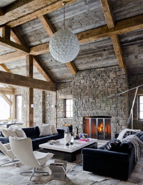 rustic living room stone fireplace 